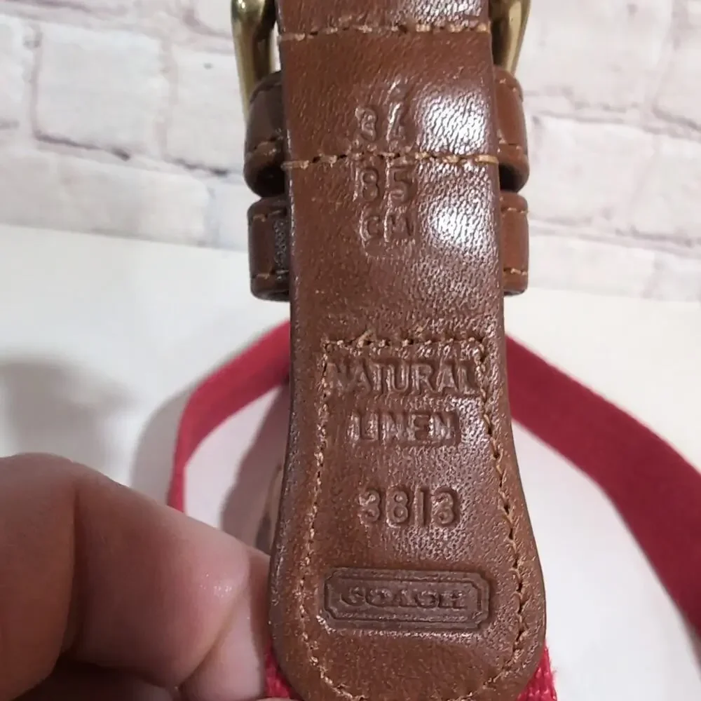 COACH Red Linen & Leather Belt 31-34 3813 Brass Buckle Mens Or Unisex 85cm
